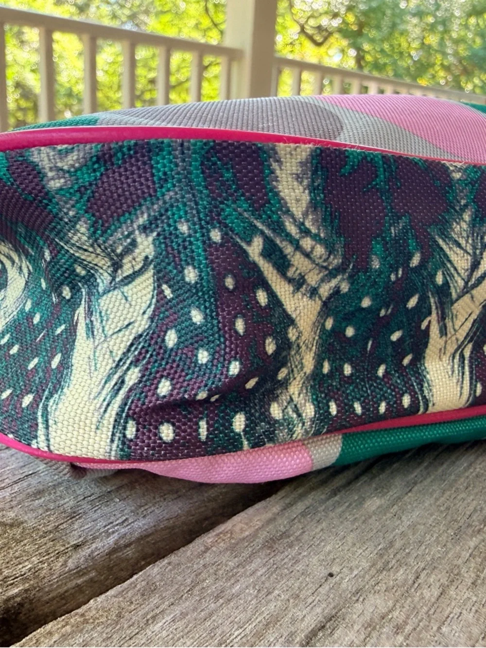 Kavu Polka Dot Crossbody Bag in Pink, Teal, Brown and Gray